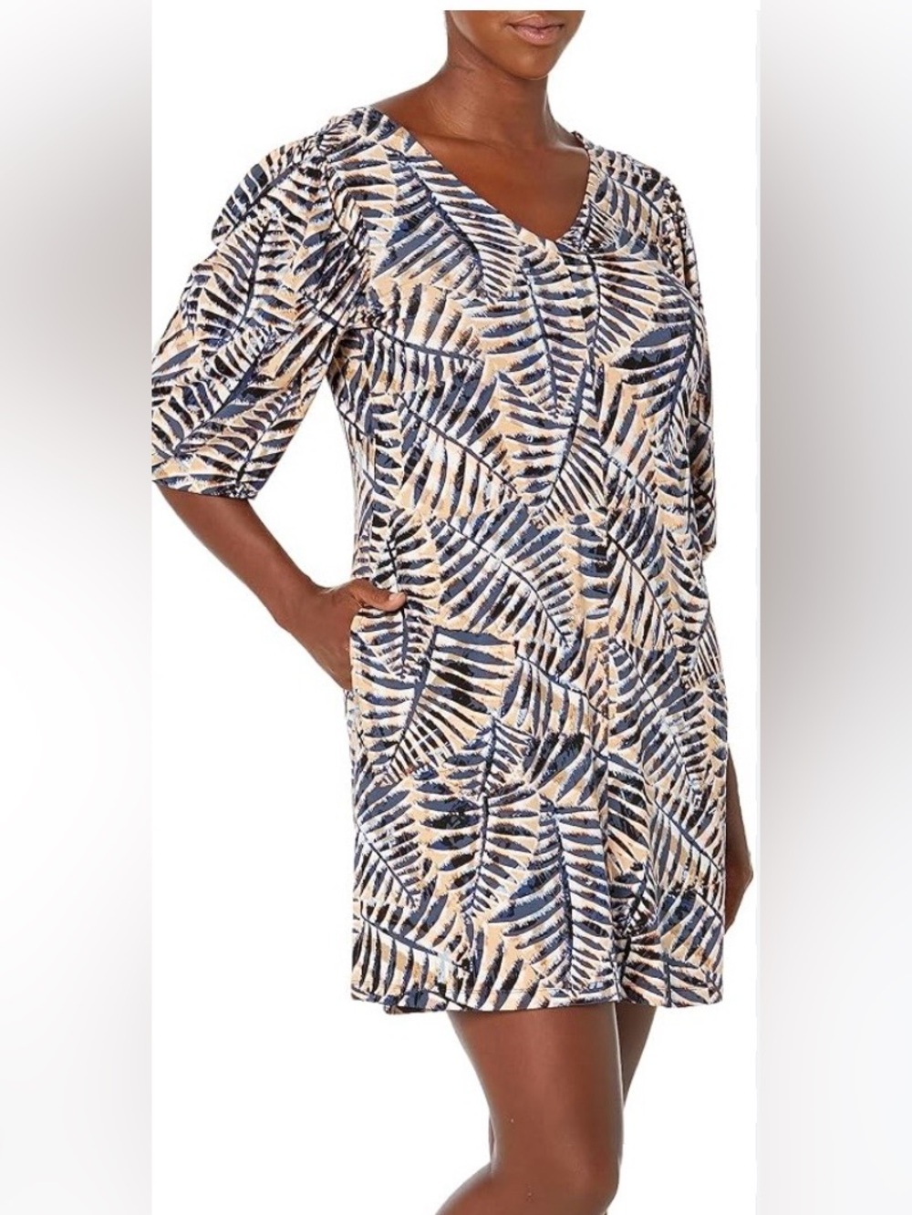 NIC+ZOE Flowing Ferns V-Neck Shift Dress Tropical Palm Print Pockets